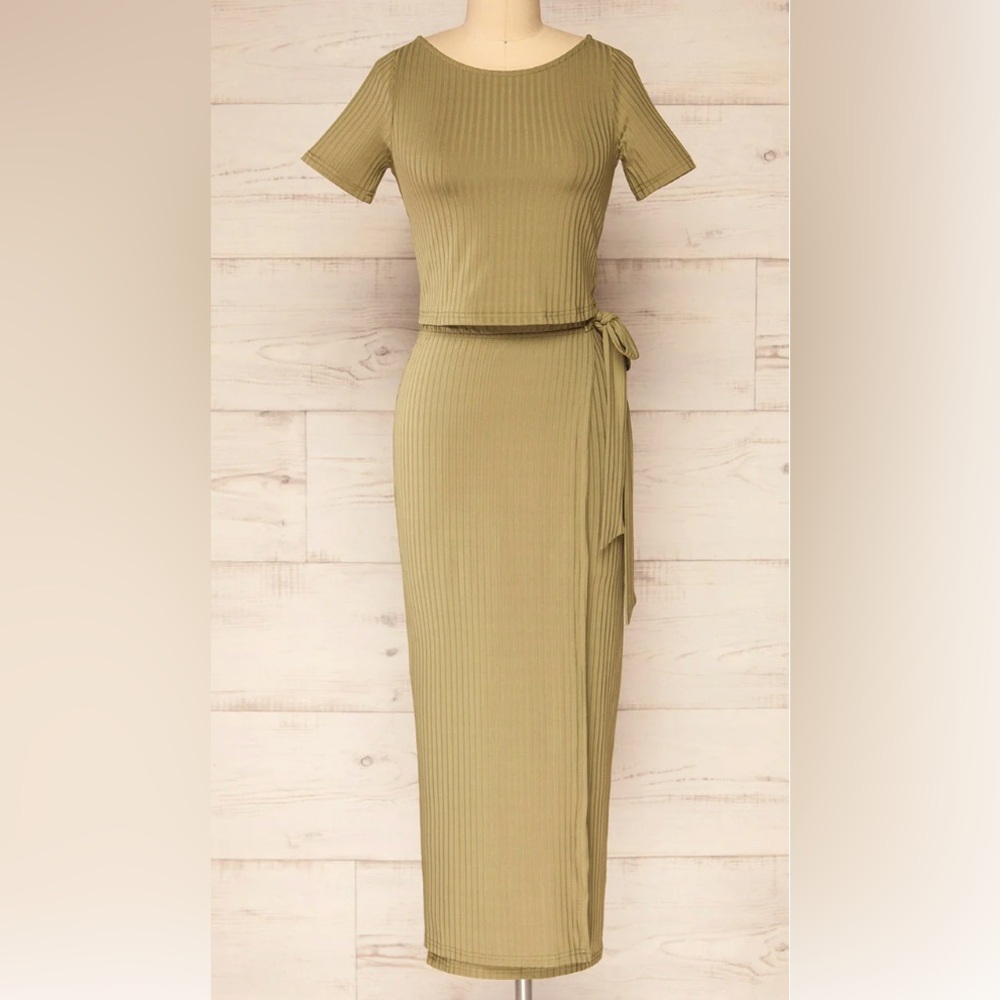 Olive Green Ribbed Set Crop top and Wrap Skirt